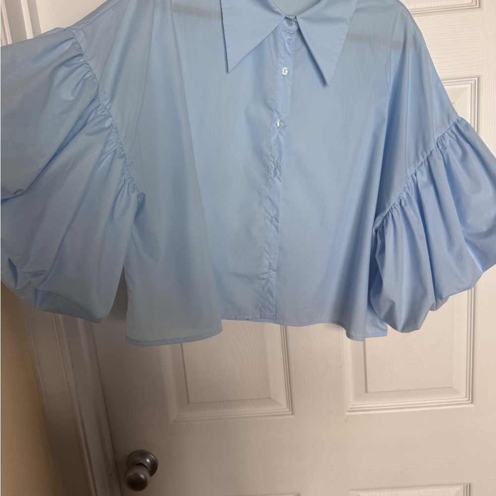 Cocobleu NY Chic Light Blue Women's puffy sleeved Button Down Shirt